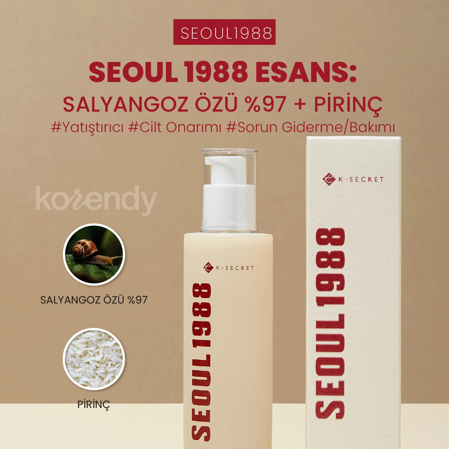 K-Secret - SEOUL 1988 Essence  Snail Mucin 97% + Rice (Besleyici ve Parlaklık Veren %97 Salyangoz Müsini ve 3 Çeşit Pirinç Özlü Esans) 100ml - Image 2