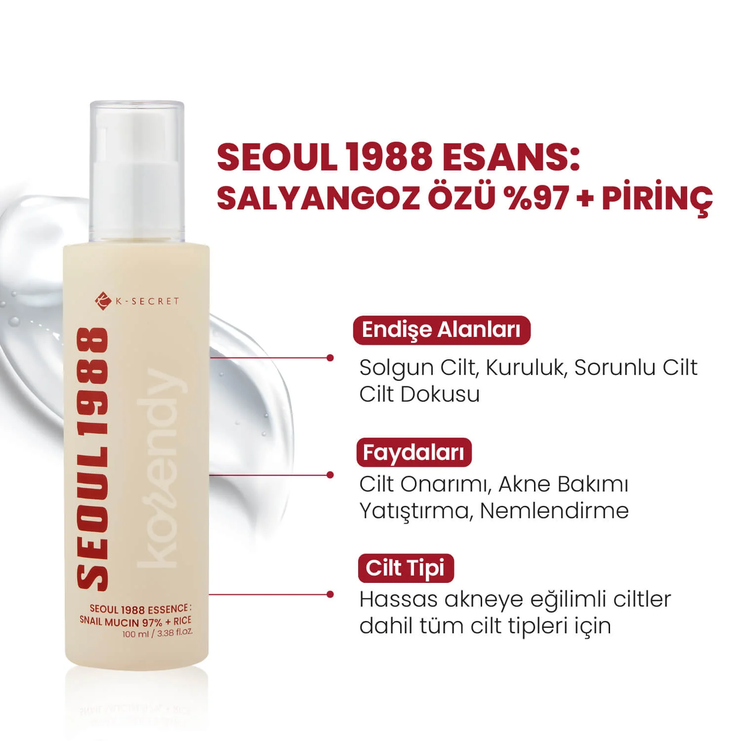 K-Secret - SEOUL 1988 Essence  Snail Mucin 97% + Rice (Besleyici ve Parlaklık Veren %97 Salyangoz Müsini ve 3 Çeşit Pirinç Özlü Esans) 100ml - Image 3