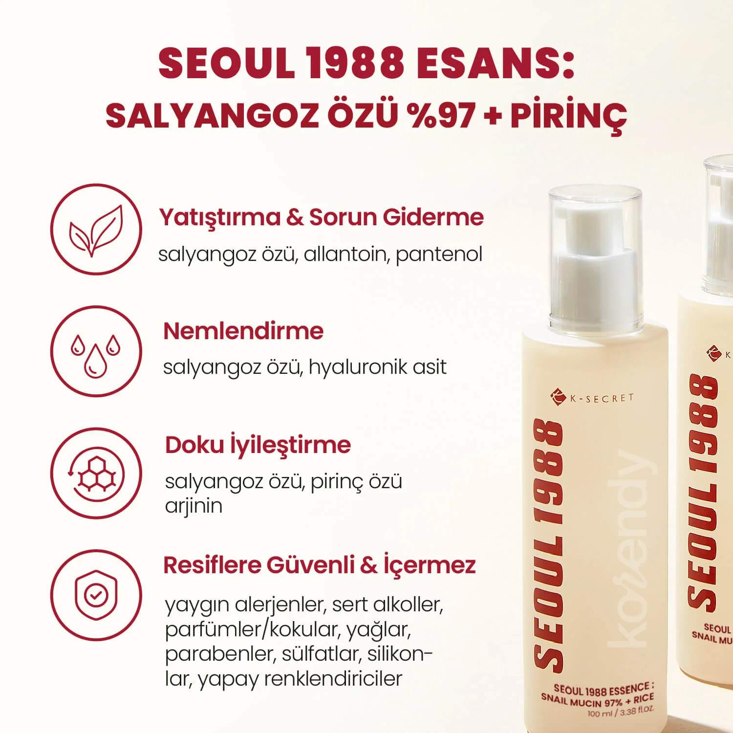 K-Secret - SEOUL 1988 Essence  Snail Mucin 97% + Rice (Besleyici ve Parlaklık Veren %97 Salyangoz Müsini ve 3 Çeşit Pirinç Özlü Esans) 100ml - Image 6