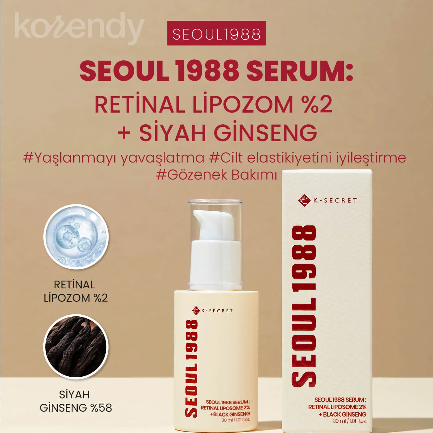 K-Secret - SEOUL 1988 Serum Retinal Liposome 2% + Black Ginseng (İnce Çizgi & Leke Karşıtı Pürüz Önleyici %2 Retinal Lipozom + Siyah Ginsengli Serum) 30ml - Image 2