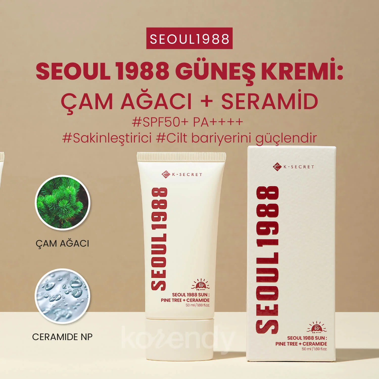 K-Secret - SEOUL 1988 Sun Pine Tree + Ceramide (Çam Özlü ve Seramidli, Koruyucu Bariyer Bakımı Sunan, Anti-Aging Destekli Güneş Kremi SPF 50+ PA++++) 50ml - Image 2