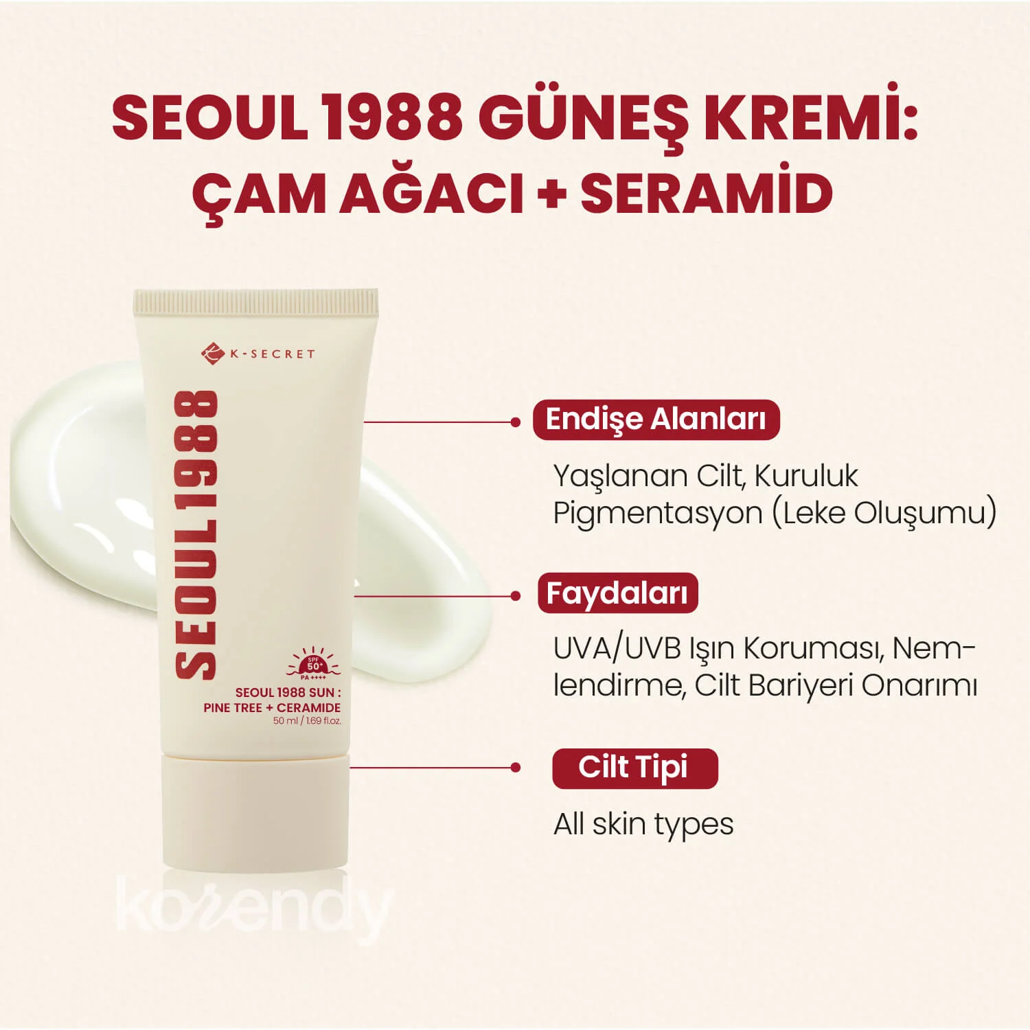 K-Secret - SEOUL 1988 Sun Pine Tree + Ceramide (Çam Özlü ve Seramidli, Koruyucu Bariyer Bakımı Sunan, Anti-Aging Destekli Güneş Kremi SPF 50+ PA++++) 50ml - Image 3