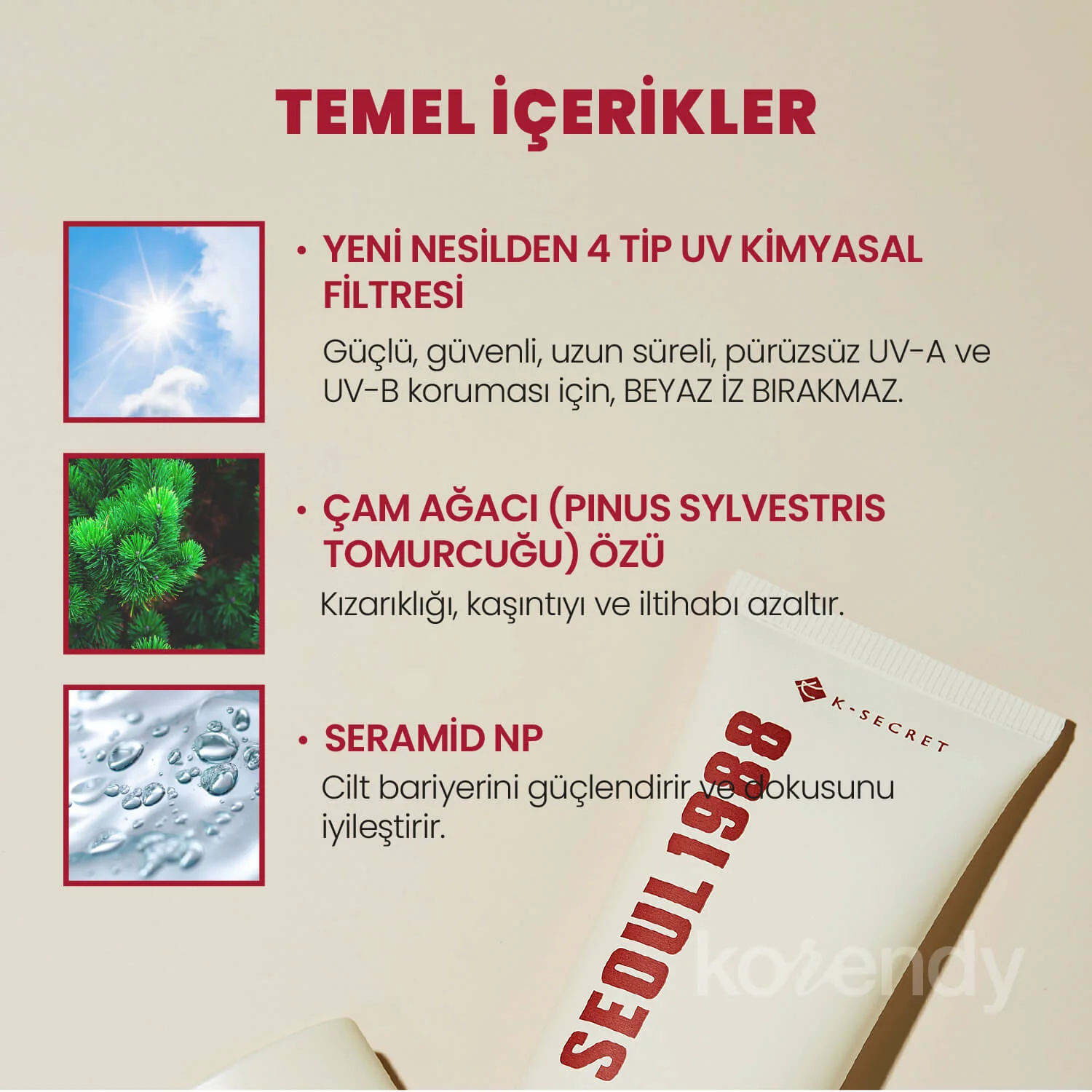 K-Secret - SEOUL 1988 Sun Pine Tree + Ceramide (Çam Özlü ve Seramidli, Koruyucu Bariyer Bakımı Sunan, Anti-Aging Destekli Güneş Kremi SPF 50+ PA++++) 50ml - Image 4