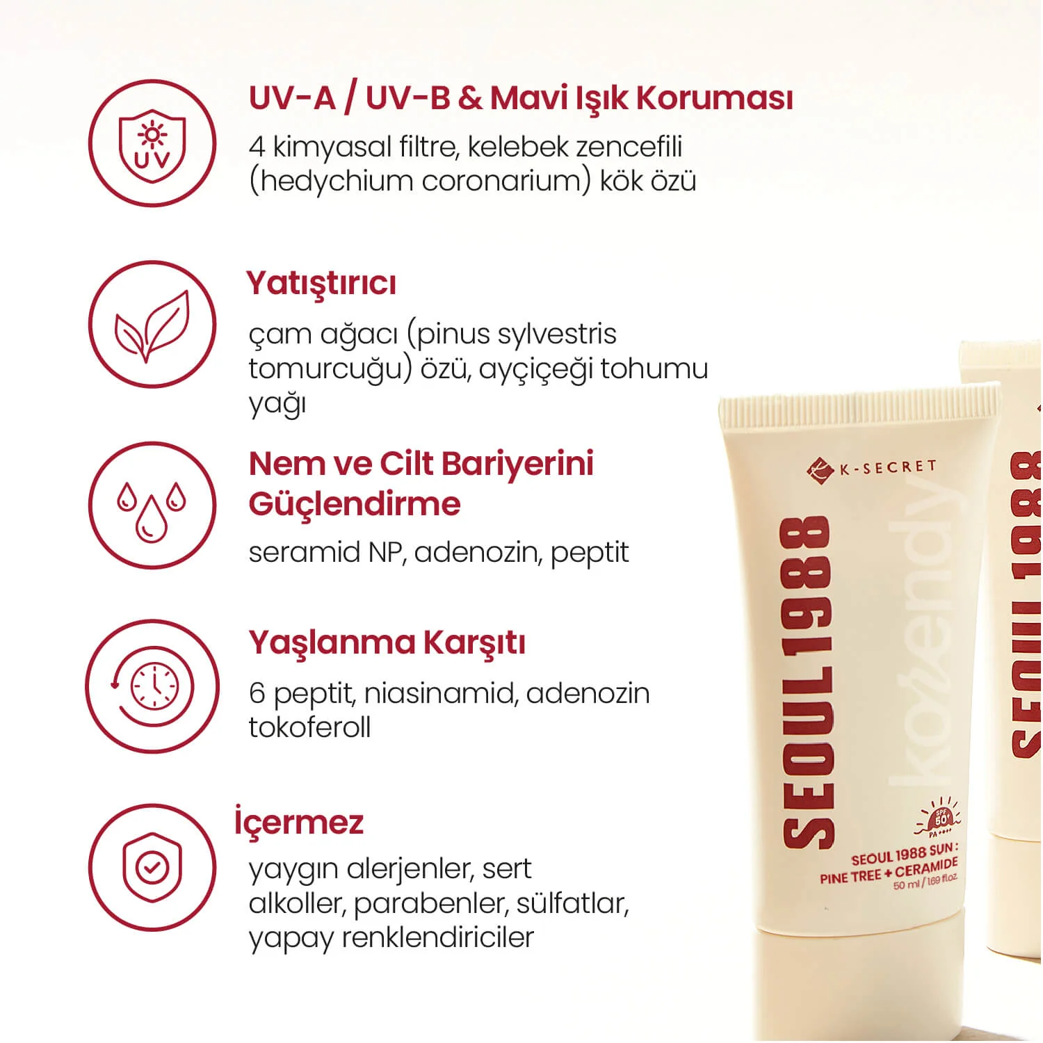 K-Secret - SEOUL 1988 Sun Pine Tree + Ceramide (Çam Özlü ve Seramidli, Koruyucu Bariyer Bakımı Sunan, Anti-Aging Destekli Güneş Kremi SPF 50+ PA++++) 50ml - Image 5