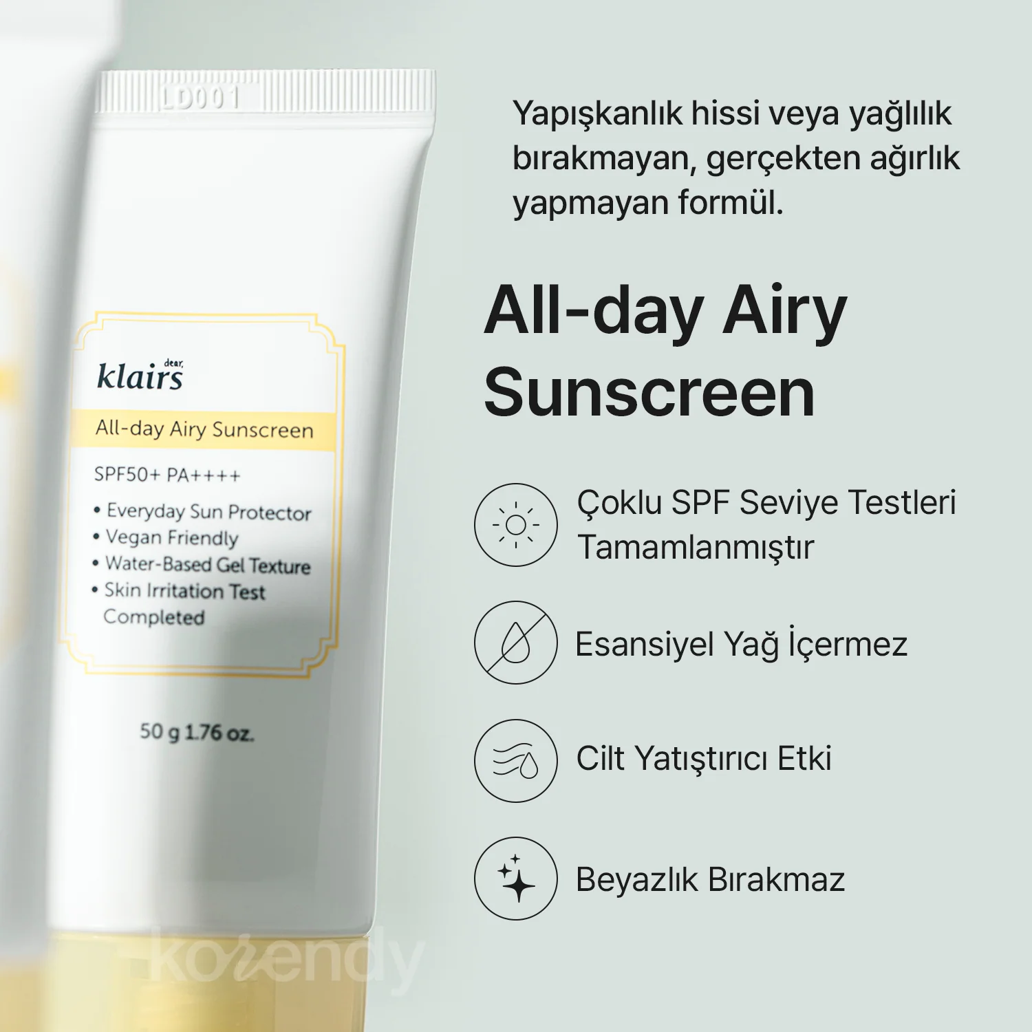 Klairs - All Day Airy Sunscreen SPF 50+ PA++++ (Hafif Dokulu Su Bazlı Güneş Koruyucu Krem) 50gr - Image 3