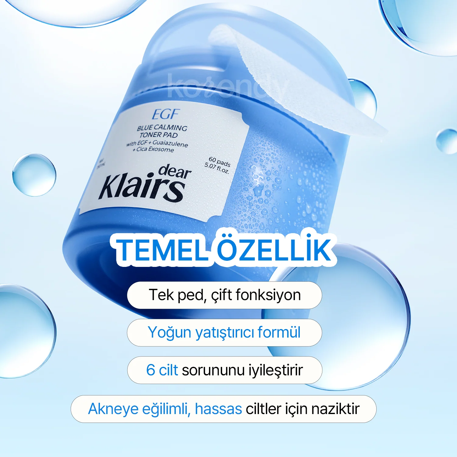 Klairs  - EGF Blue Calming Toner Pad (Stres Önleyici ve Serinletici EGF & Cica Eksozom İçeren Çift Etkili Tonik Pad) 150ml - Image 5